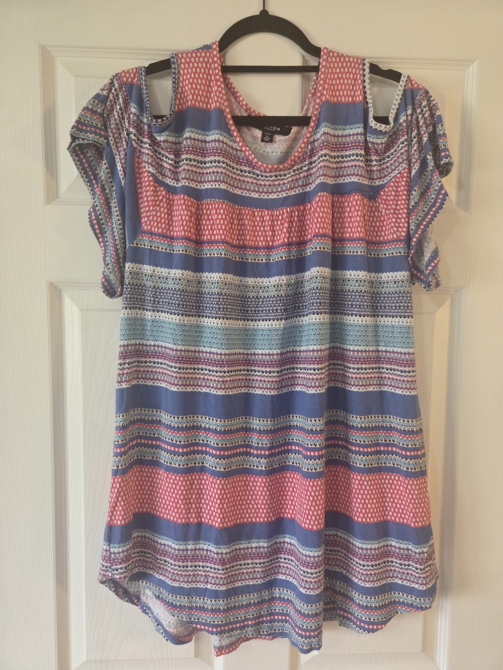 Chelsea Studios Pink and Blue Cold-Shoulder Striped Shirt 22